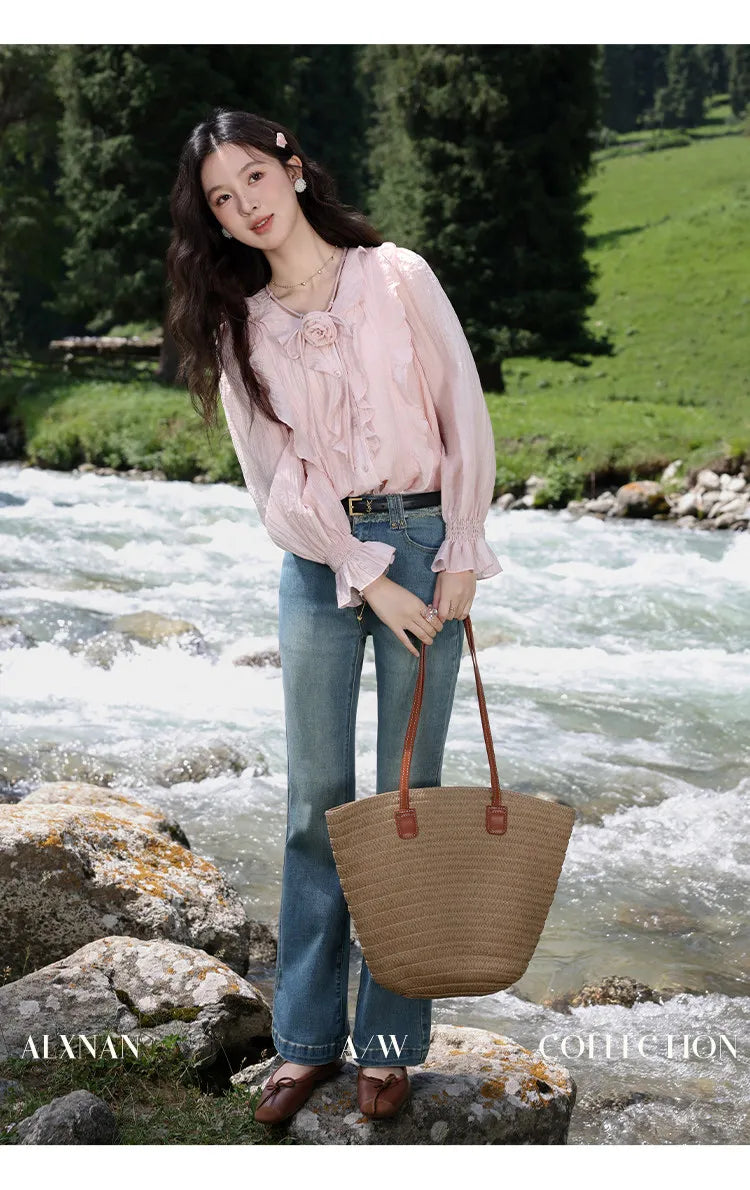 ALXNAN French Style Women's Pink Shirt Autumn V-neck With Detachable 3D Flowers Full Long Sleeves Elastic Cuffs Shirts VL39307