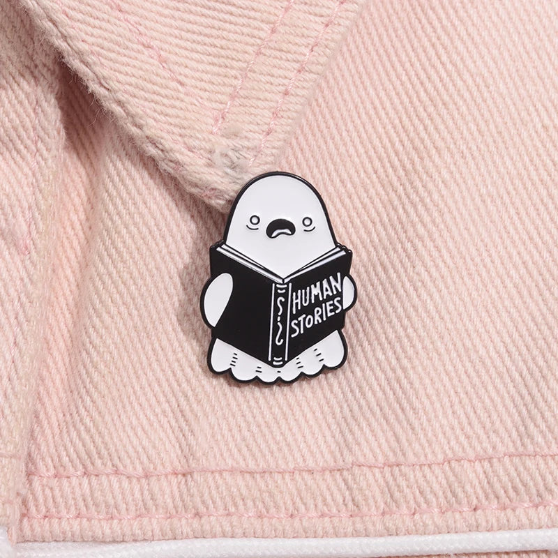 Cartoon Ghost Boo Enamel Pins Human Stories Book Creative Brooches Halloween Backpack Clothes Lapel Badge Gift for Kids Friends