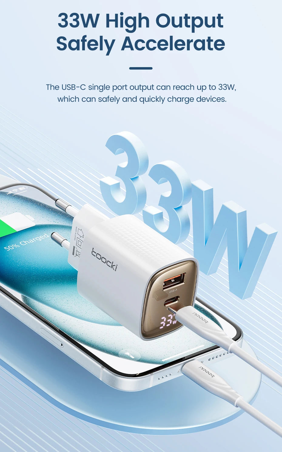 Toocki GaN USB Charger 33W Digital Display QC3.0 PD Fast Charger Type C for iPhone 15 14 13 Pro Max Smausng Xiaomi Honor POCO