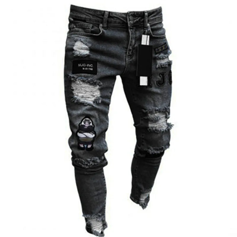new White Embroidery Jeans Men Cotton Stretchy Ripped Skinny Jeans High Quality Hip Hop Black Hole Slim Fit Oversize Denim Pants