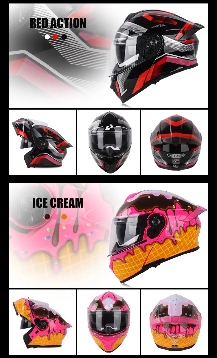 Uchoose DOT Approved Full Face Helmets Crash Motorbike Protective Gear Men Women Flip Up Helmet Motorcycle Double Sun Visor