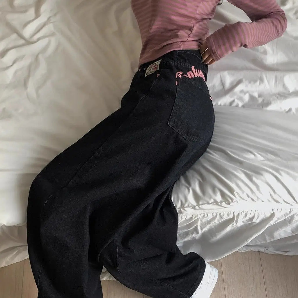 Women's Sweet Casual Full Length Baggy Denim Trouser Retro Emo Harajuku Loose Jeans Letter Embroidery High Waist Y2K 2000s Pants