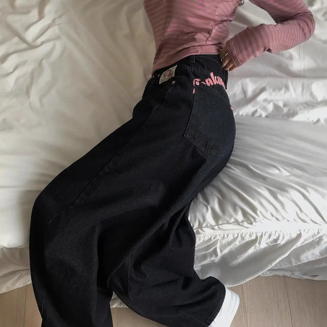 Women's Sweet Casual Full Length Baggy Denim Trouser Retro Emo Harajuku Loose Jeans Letter Embroidery High Waist Y2K 2000s Pants