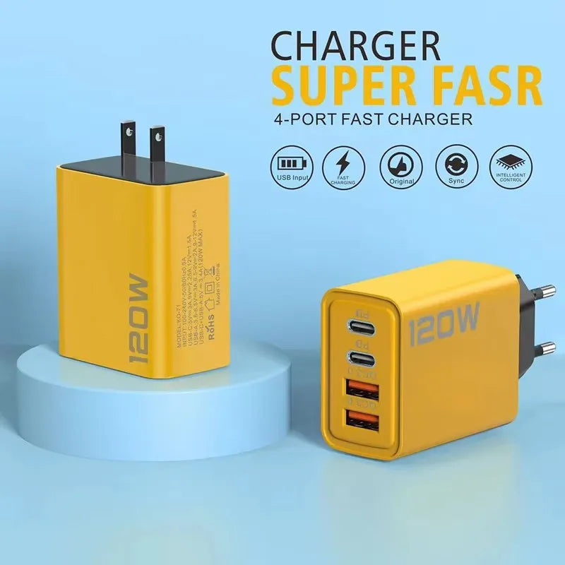 Cargador 4 Puertos 120W USB-C | Carga Rápida QC3.0 - iPhone, Samsung y Xiaomi