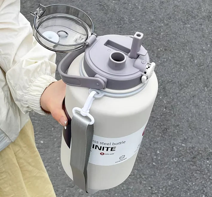 2L 316 Stainless Steel Insulated Water Jug, Portable Vacuum Thermos with Straw & Handle, Outdoor Travel Sports Bottle