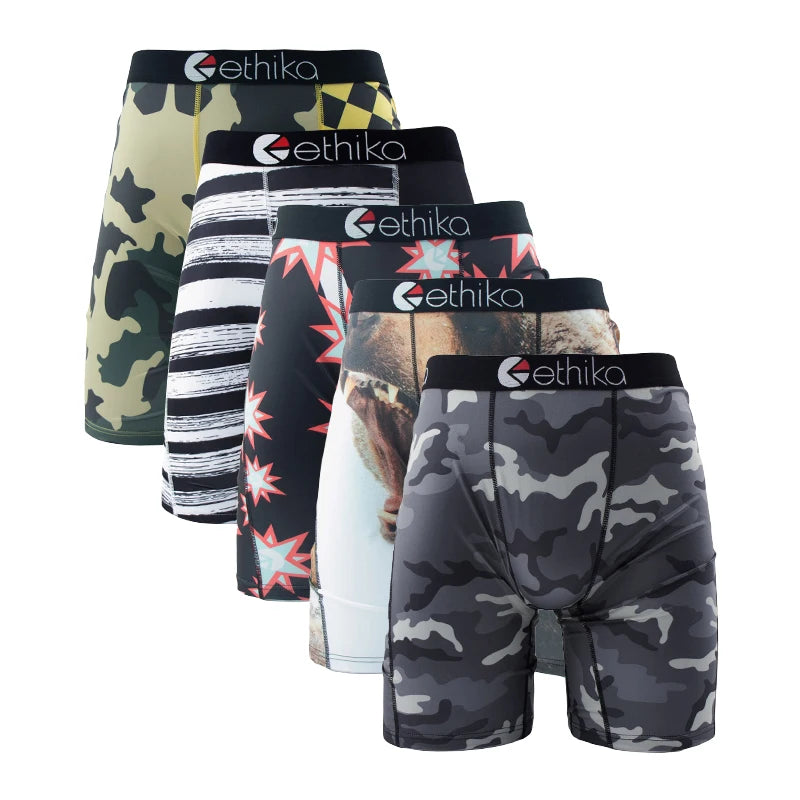ETHIKA Men Underwear Breathable Mesh Crotch Man Swimming Underpants 5Pcs Plus Size L-3XL Mens Panties Set Sexy Men's Boxershorts