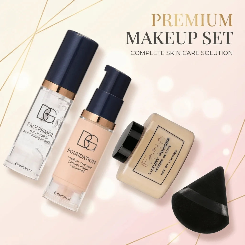 4-Pcs Set Face Makeup Bundle - Smoothing Primer, Matte Foundation, Setting Powder with Puff - Long-Lasting Waterproof Value Pack