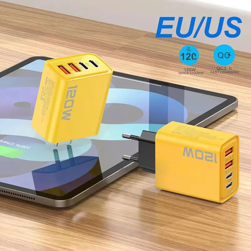 Cargador 4 Puertos 120W USB-C | Carga Rápida QC3.0 - iPhone, Samsung y Xiaomi