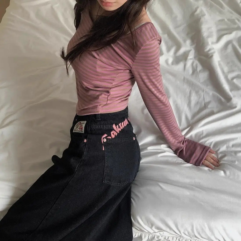 Women's Sweet Casual Full Length Baggy Denim Trouser Retro Emo Harajuku Loose Jeans Letter Embroidery High Waist Y2K 2000s Pants