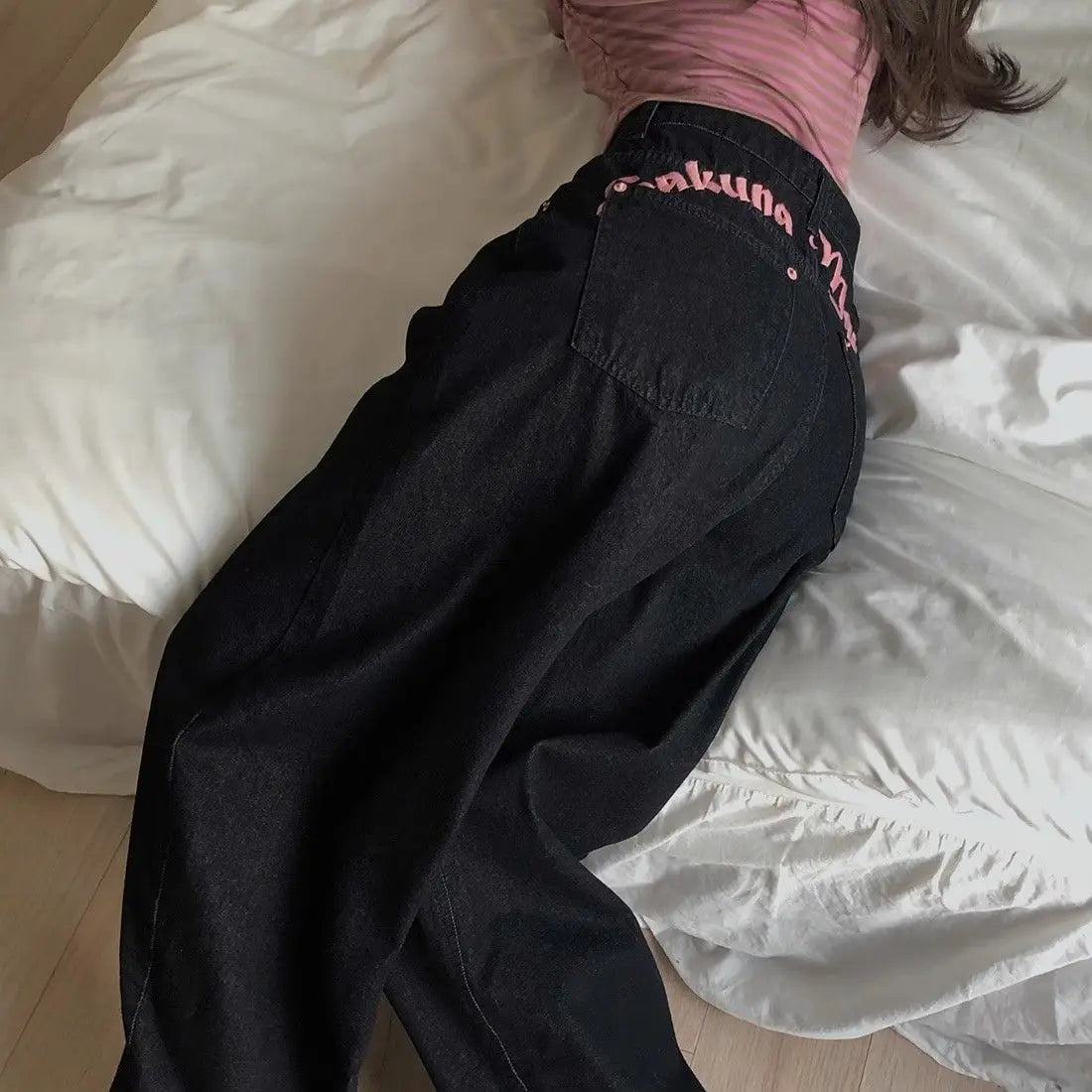 Women's Sweet Casual Full Length Baggy Denim Trouser Retro Emo Harajuku Loose Jeans Letter Embroidery High Waist Y2K 2000s Pants