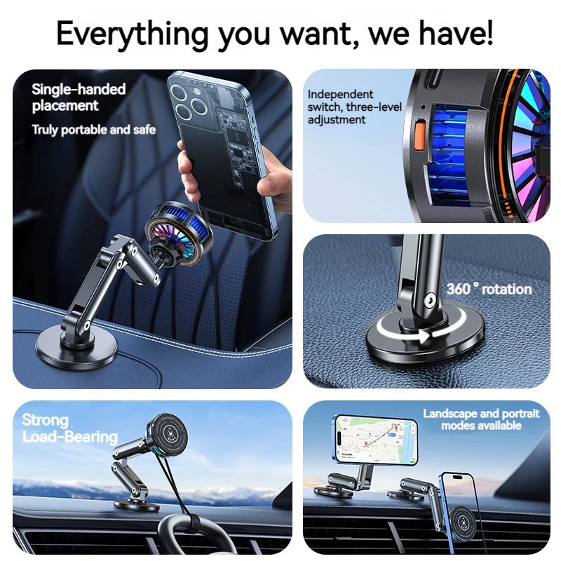 Universal Metal Car Magnetic Semiconductor Cooling Phone Holder RGB Light 3 Level Adjustable for iPhone 16 15 14 13 12 Samsung