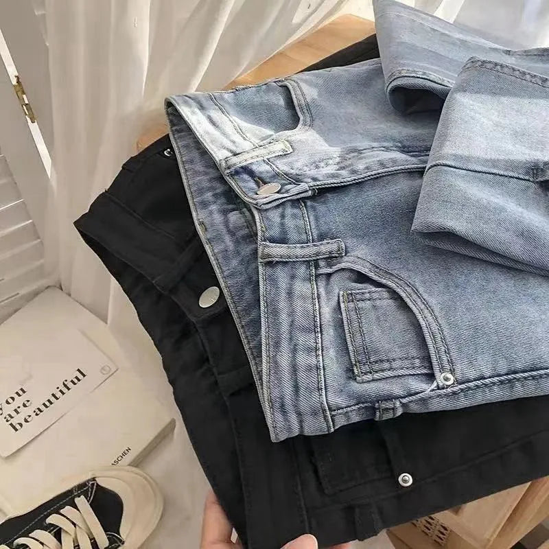 Women's High Waist Wide Leg Jeans Asymmetric Split Hem Vintage Washed Denim Pants Loose Fit