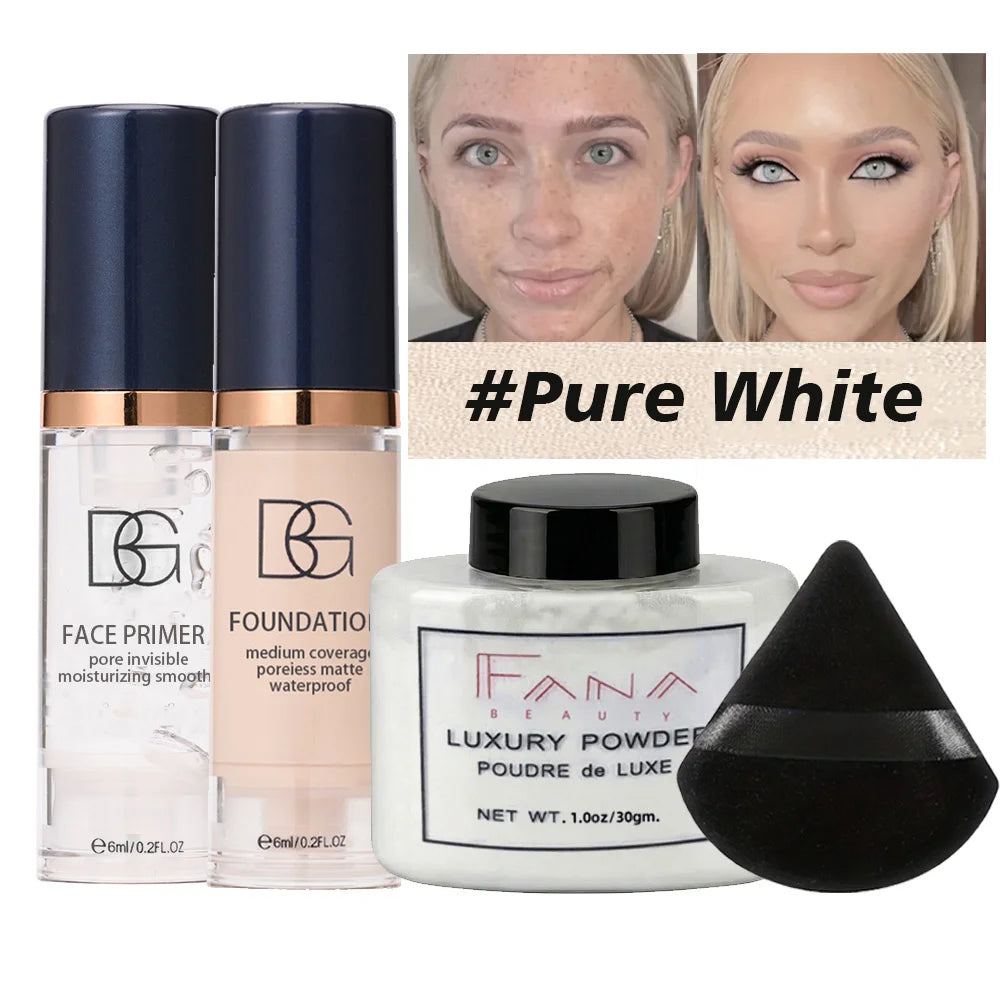 4-Pcs Set Face Makeup Bundle - Smoothing Primer, Matte Foundation, Setting Powder with Puff - Long-Lasting Waterproof Value Pack