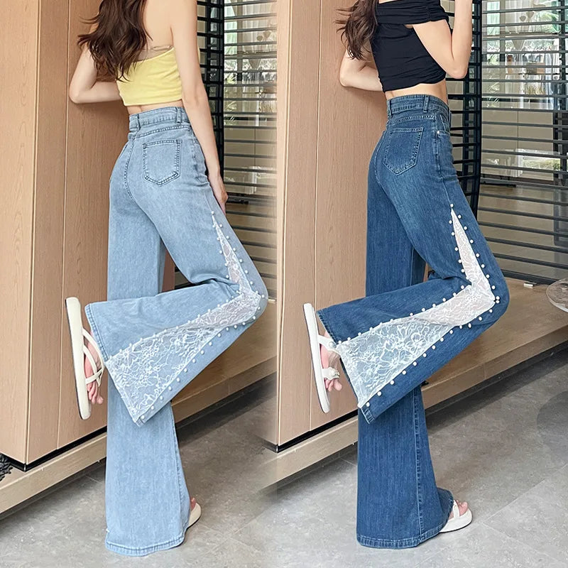 Women's High Waist Lace Stitching Beaded Wide Leg Jeans Summer Stretch Floor Length Pants