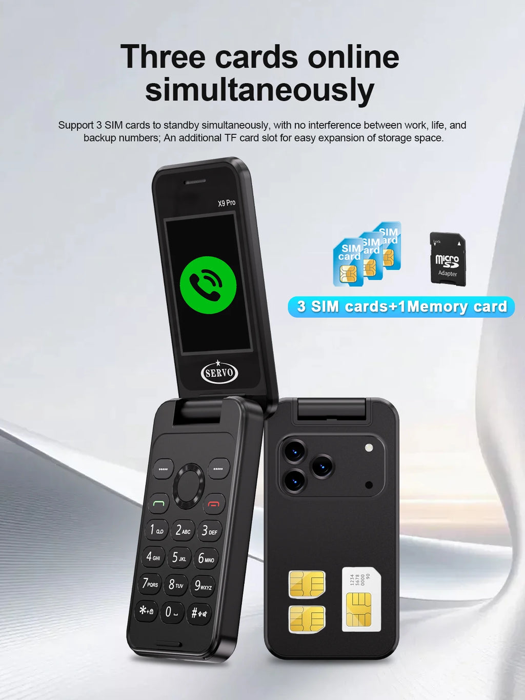 SERVO X9 PRO Mini Foldable Mobile Phone Triple SIM Magic Voice Speed Dial FM Radio 3.5mm Headphone Jack 2.4" Feature Cellphone