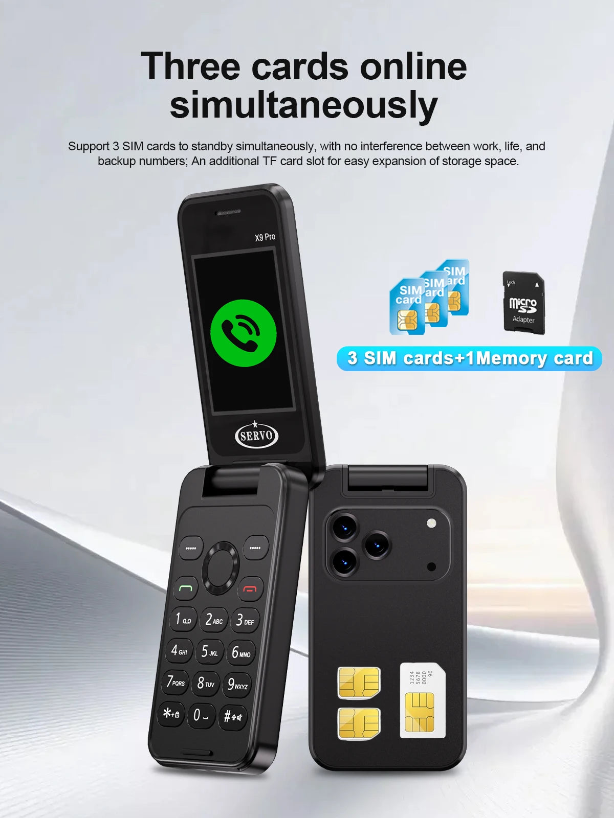 SERVO X9 PRO Mini Foldable Mobile Phone Triple SIM Magic Voice Speed Dial FM Radio 3.5mm Headphone Jack 2.4" Feature Cellphone