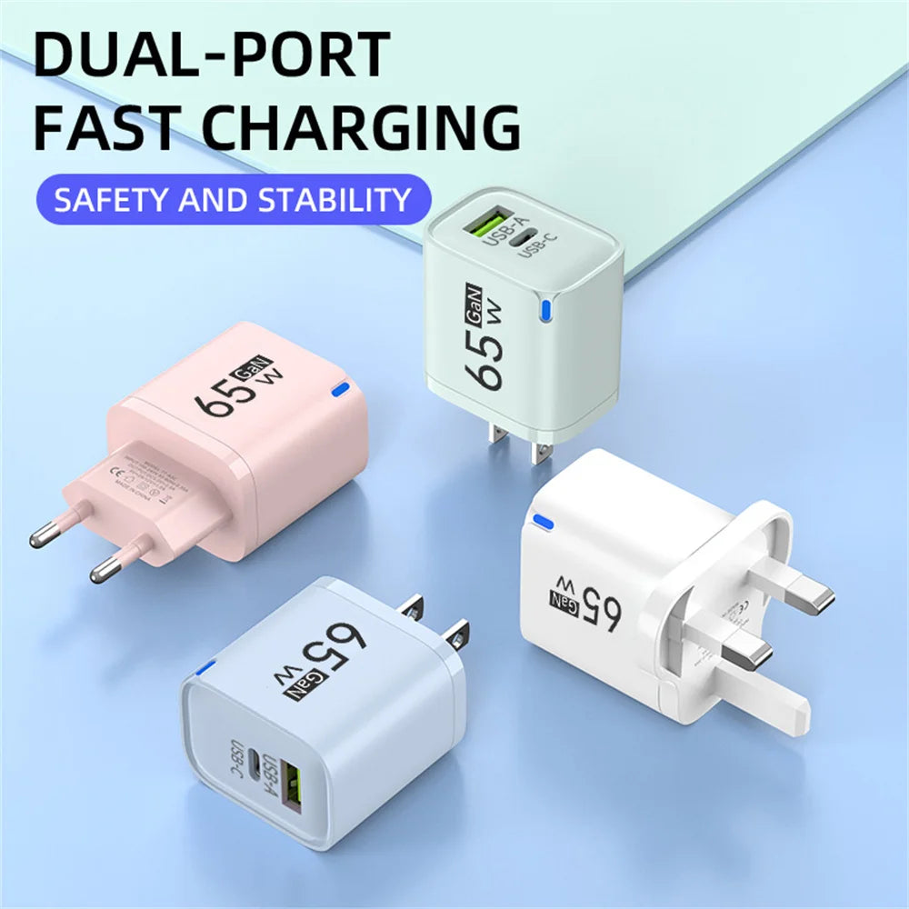 Cargador USB-C 65W Carga Rápida | Compatible iPhone, Samsung y Xiaomi