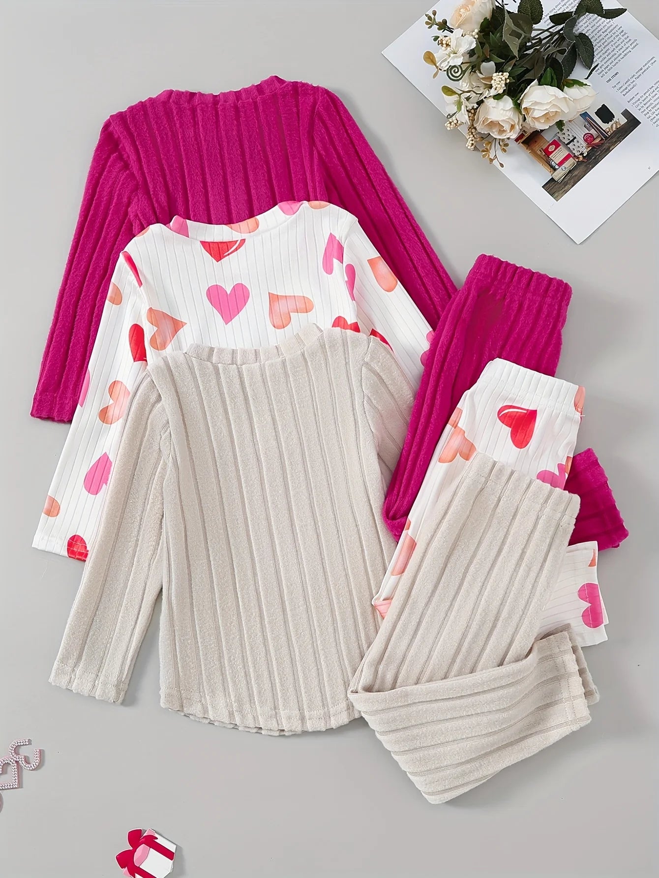 Baby Girl Autumn Winter 3PCS Set Cute Heart Print Ribbed Fabric Sweet Newborn Outfit Outdoor Essential