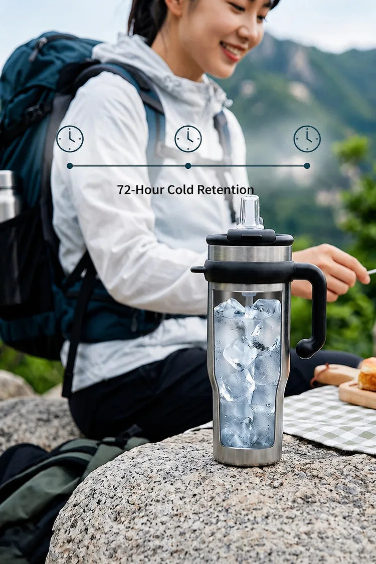 1200ml Vacuum Insulated Travel Mug 316 Stainless Steel Tumbler with Handle Straw Tea Infuser Double Lid Keep Cold Hot for Home