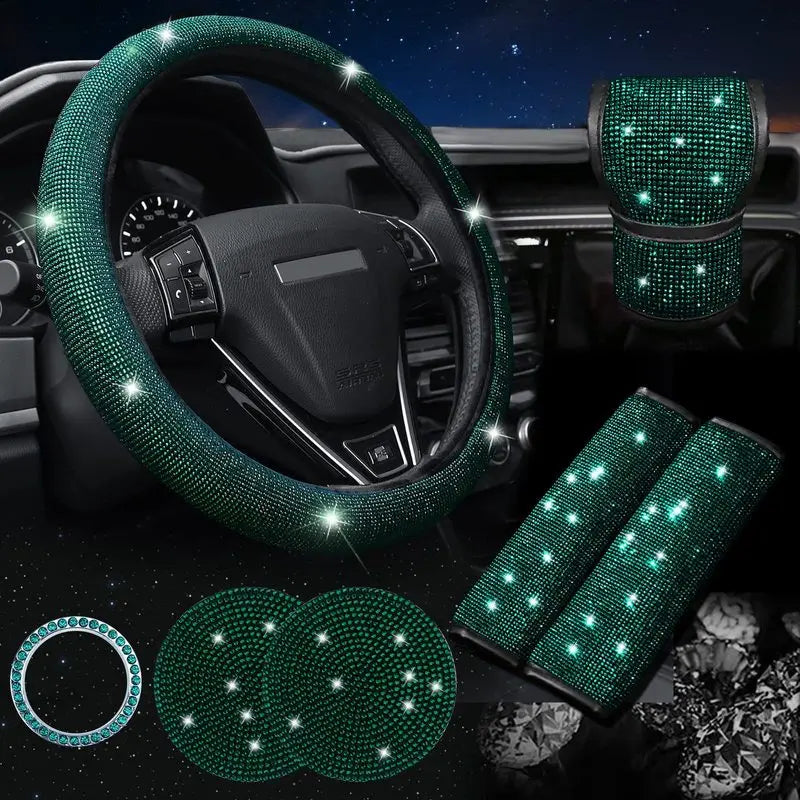 38cm Bling Car Accessories Set For Women Rhinestones Steering Wheel Cover Safety Belt Covers Gear Shift Cover Diamond Cup Pads