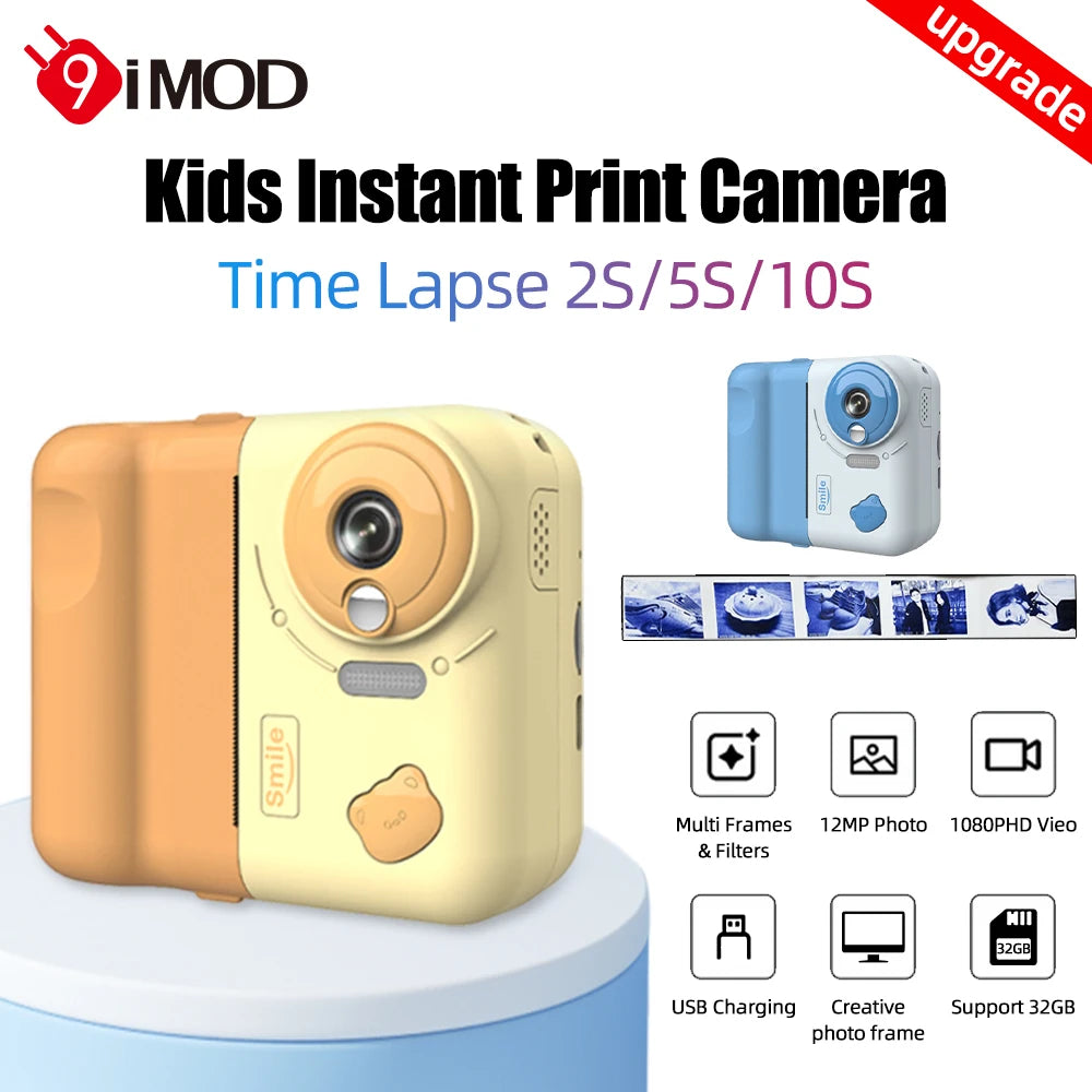 9IMOD Kids Camera Instant Print Camera 2.4 inch 1080P Children Digital Photo Video 10X Zoom 32GB TF Card with Bluetooth Printing