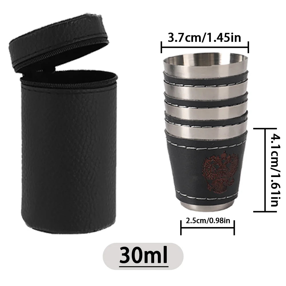 4pcs/set Outdoor Travel Cups Set Camping Tableware Stainless Steel Cup with PU Leather Portable Coffee Wine Beer Whisky Cup