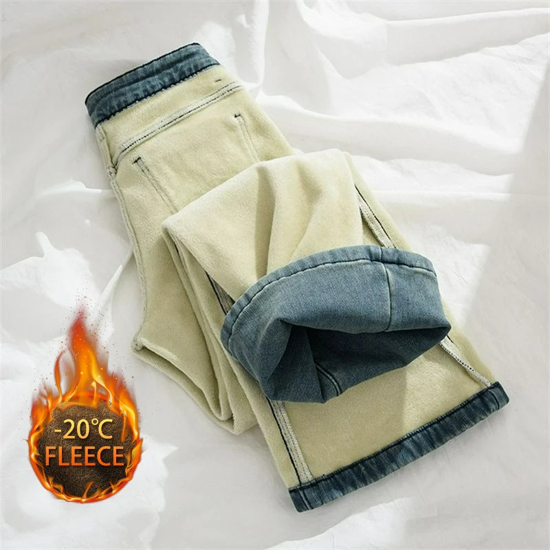 Autumn Winter Thickened Fleece-Lined Vintage Straight-Leg Jeans Women's Slimming Hip-Hiding Elastic Micro-Flared Cotton Trousers