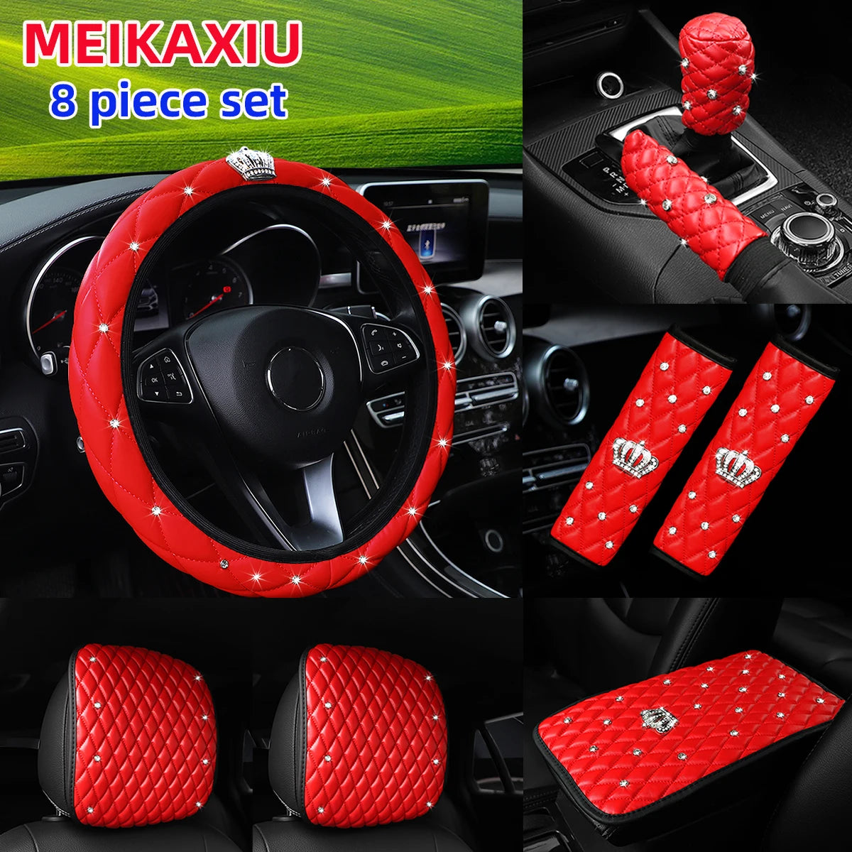 8 Artificial Skin Leather Diamond Crown Steering Wheel Cover Shoulder Cover Armrest Cushion Handbrake Cover Headrest Cushion Set