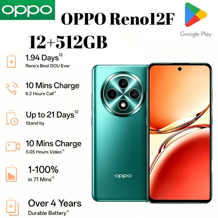 2026 New Arrival OPPO Reno12 F 5G Mobile Phone IP64 Waterproof 120Hz High‑Refresh Screen 50MP AI Portrait Camera Large Storage A