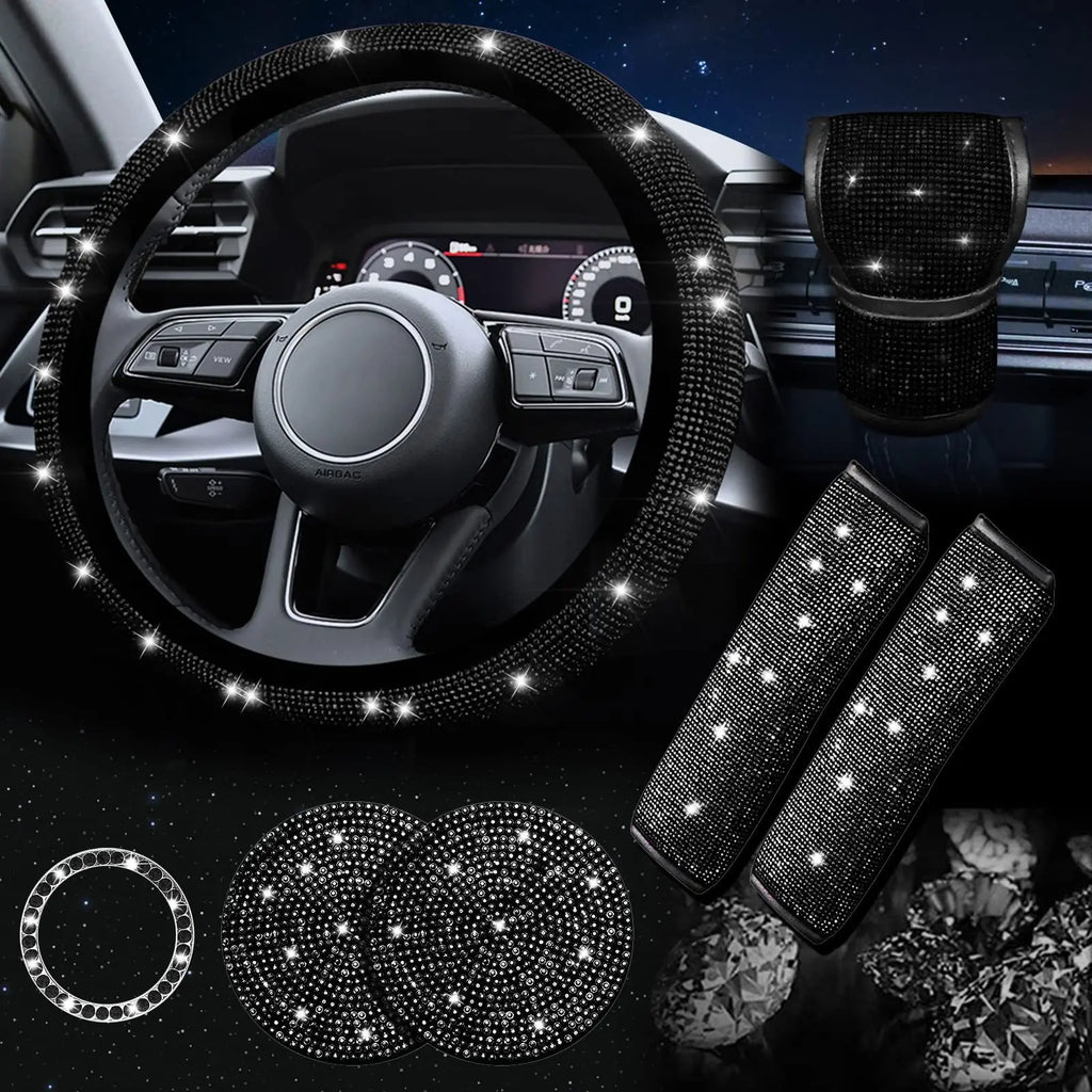 38cm Bling Car Accessories Set For Women Rhinestones Steering Wheel Cover Safety Belt Covers Gear Shift Cover Diamond Cup Pads