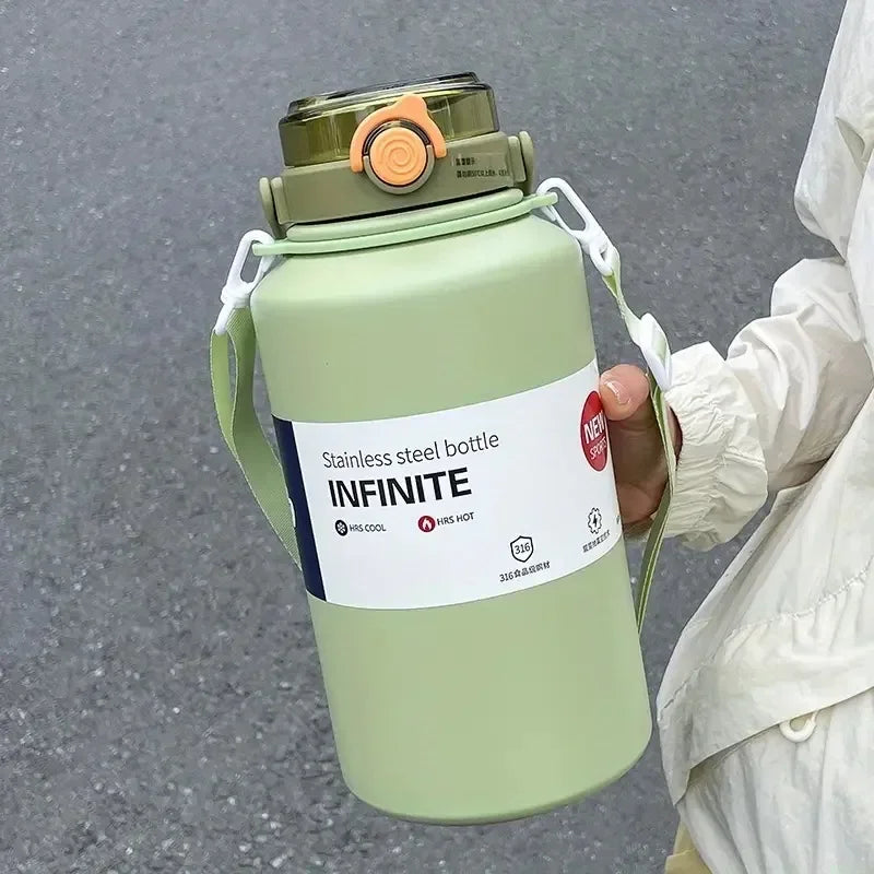 2L 316 Stainless Steel Insulated Water Jug, Portable Vacuum Thermos with Straw & Handle, Outdoor Travel Sports Bottle