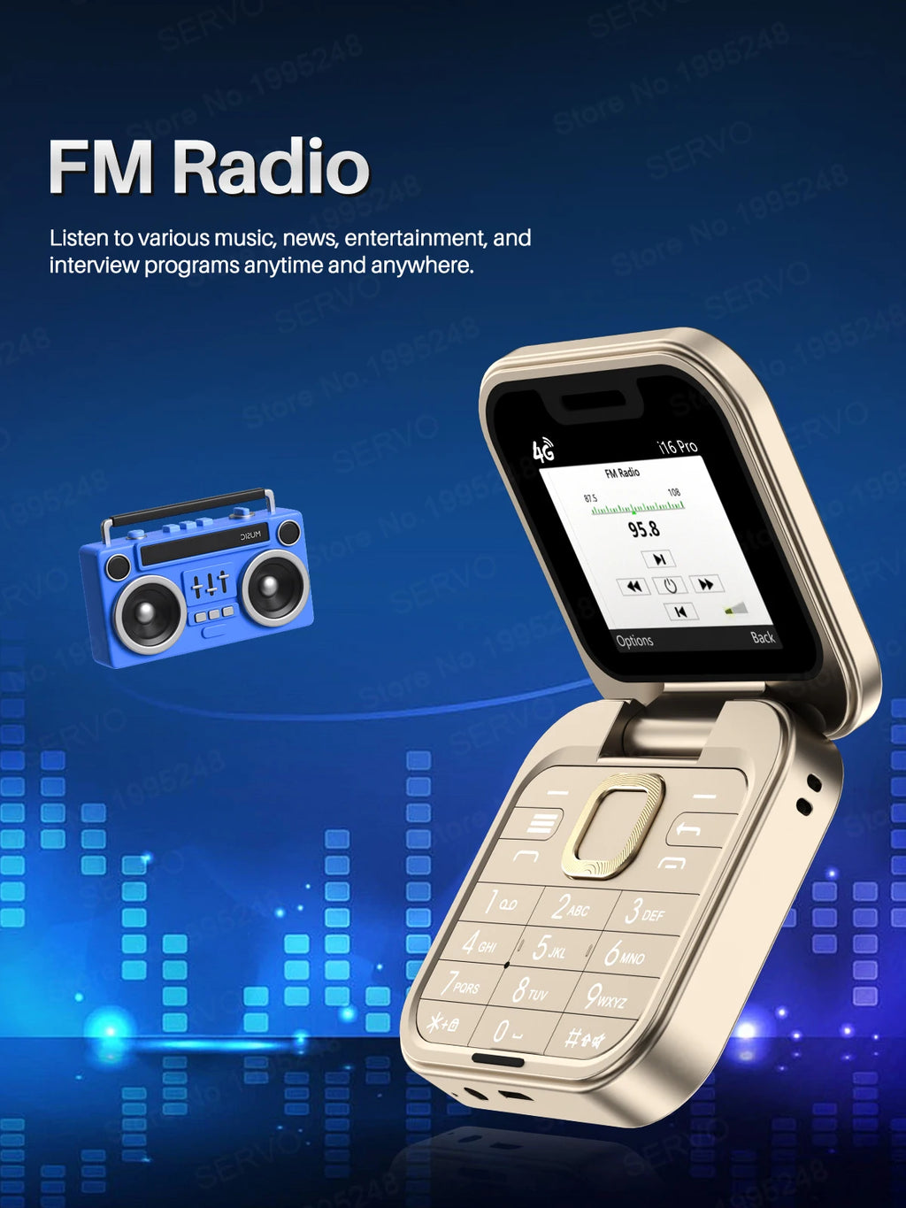 SERVO Mini Flip Mobile Phone 4G/2G Cellular 1.77" Diaplay Speed Dial Flashlight Recorder FM Radio Dual SIM Foldable Cellphones