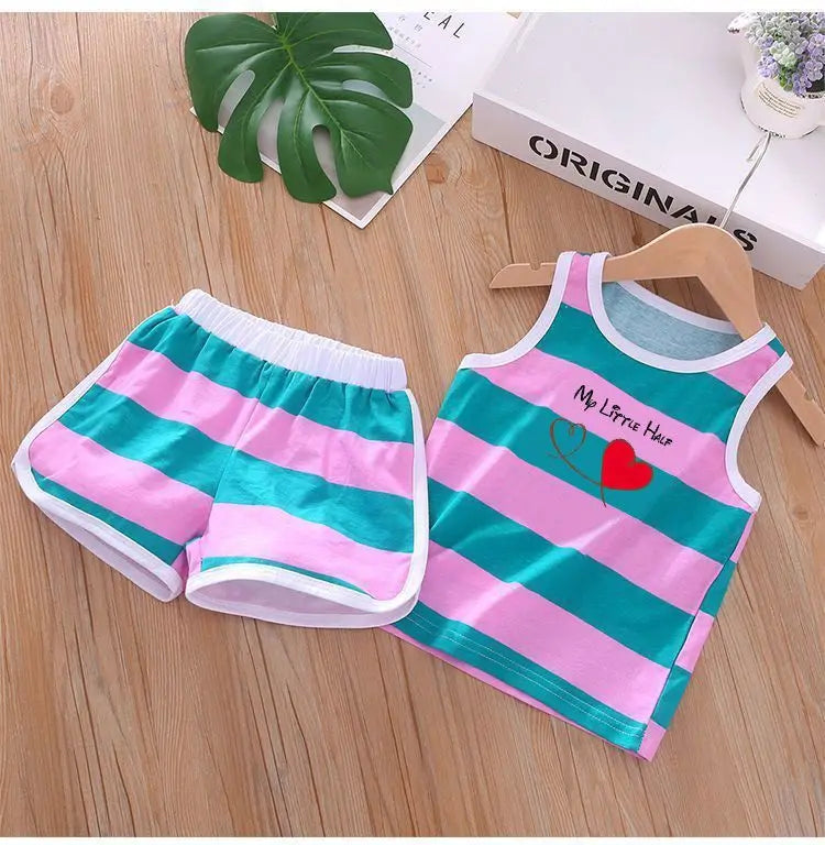 2026 Summer Baby Kids Clothes Sets Cut Striped Cartoon Printed Girls and Boys Vest and Shorts 2 Pieces Sets Children's Outfits