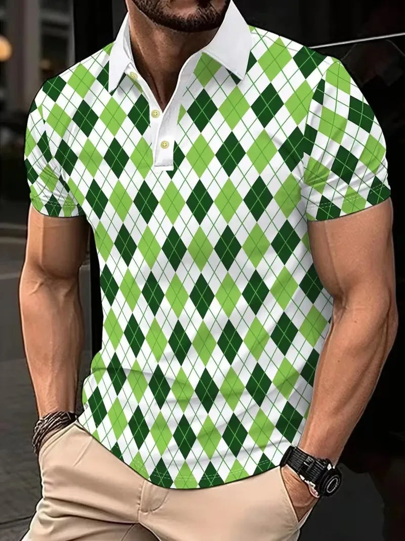 Men's Summer Short Sleeve Polo Shirts, Classic Striped Print Sporty Top, Fashionable Lapel Button-Up Men's Polo Shirts