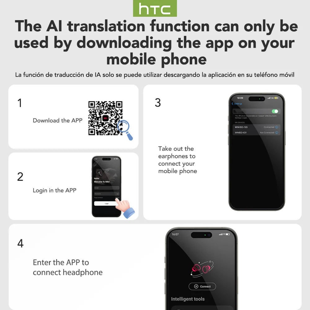 【HTC NE57】 Bluetooth V6.0 Earphones AI Translator Earbuds OWS Sport Wireless Headphones Comfort Earhooks Long Life with Mic