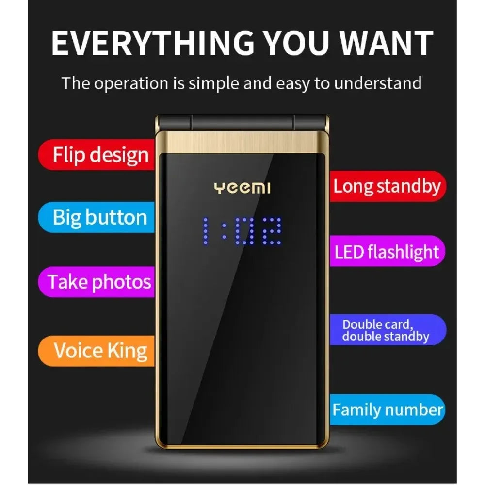 YEEMI M2-C 2G for Elderly Mobile Phone Flip 1800mAh Battery 2.8inches Dual Screen Big Letters MP3/MP4 Player Original Cellphone