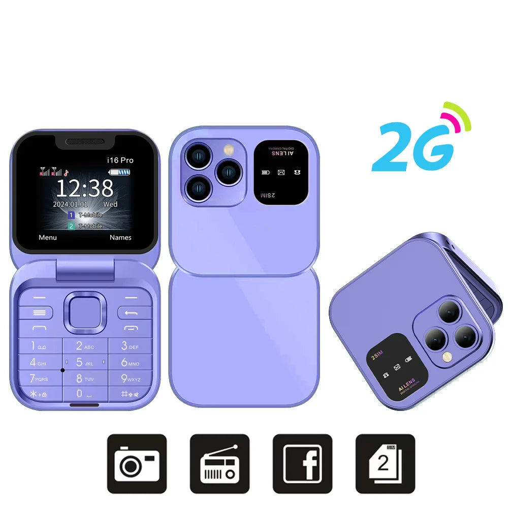 SERVO Mini Flip Mobile Phone 4G/2G Cellular 1.77" Diaplay Speed Dial Flashlight Recorder FM Radio Dual SIM Foldable Cellphones