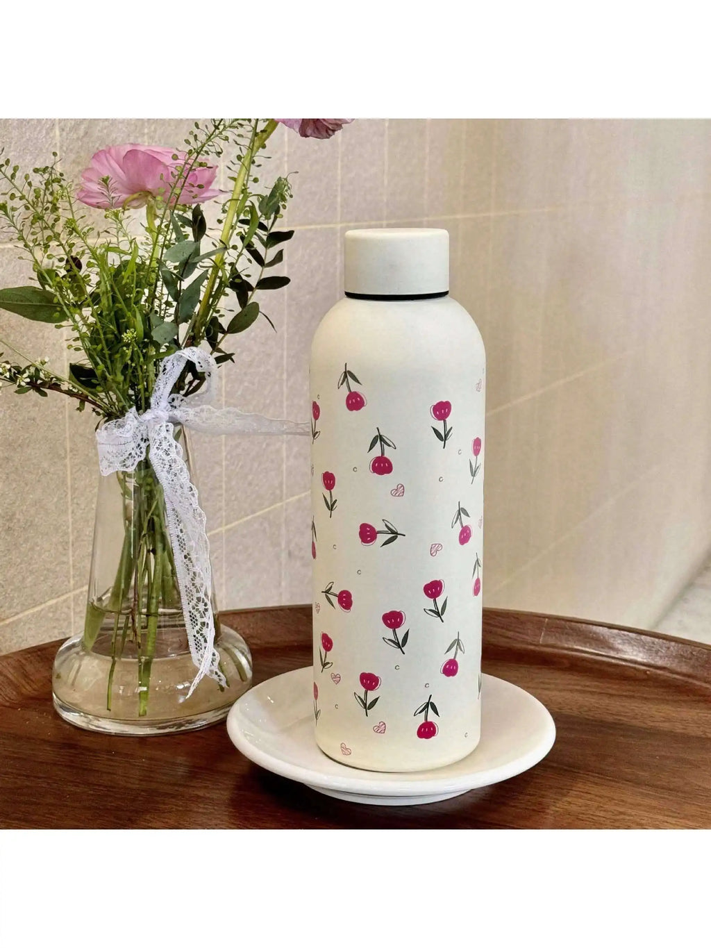 500ml Black Bow Heart-Shaped Stainless Steel Insulated Sports Water Bottle, Fitness Sports Cup, Suitable for Winter and Summer