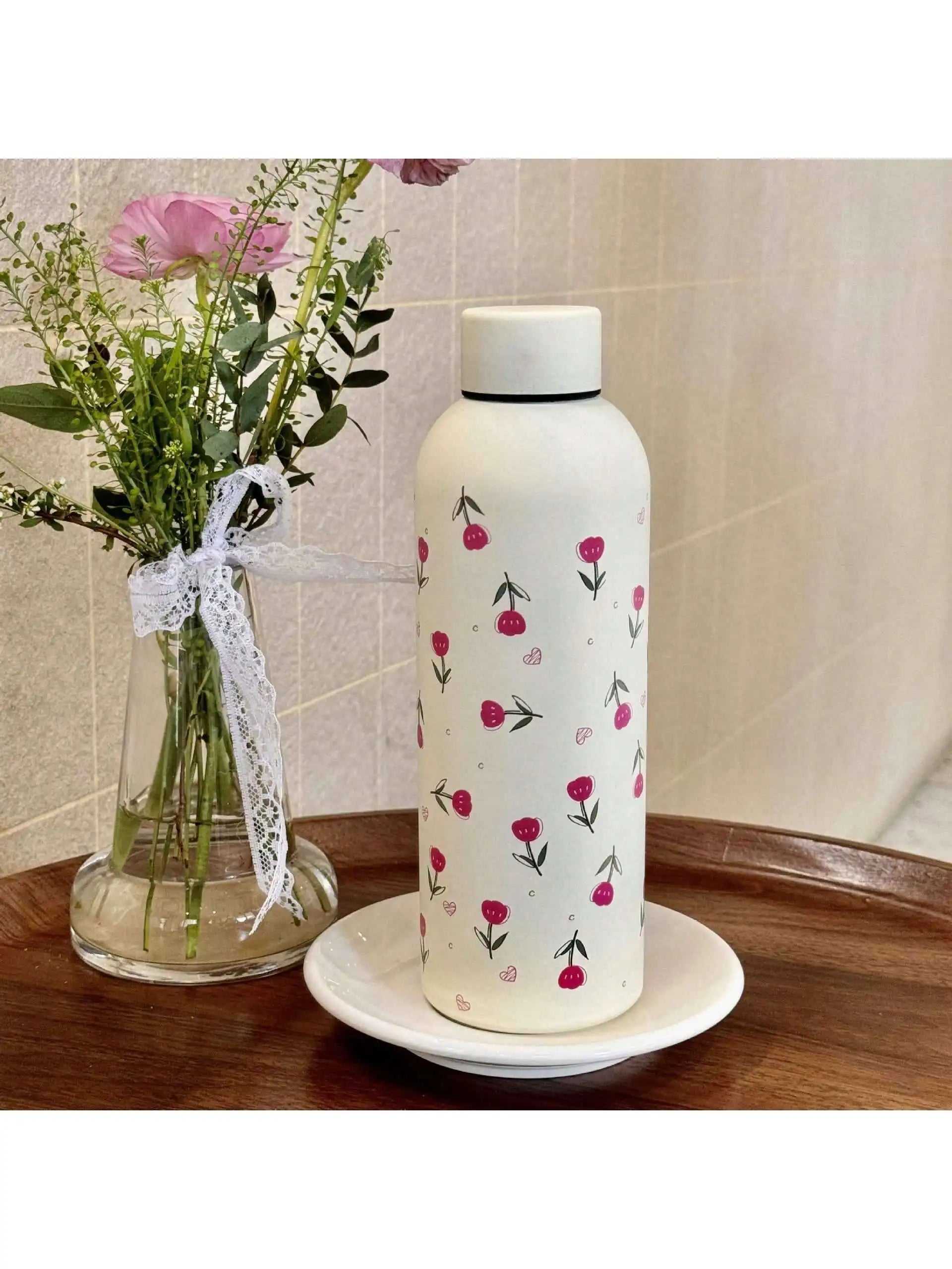 500ml Black Bow Heart-Shaped Stainless Steel Insulated Sports Water Bottle, Fitness Sports Cup, Suitable for Winter and Summer