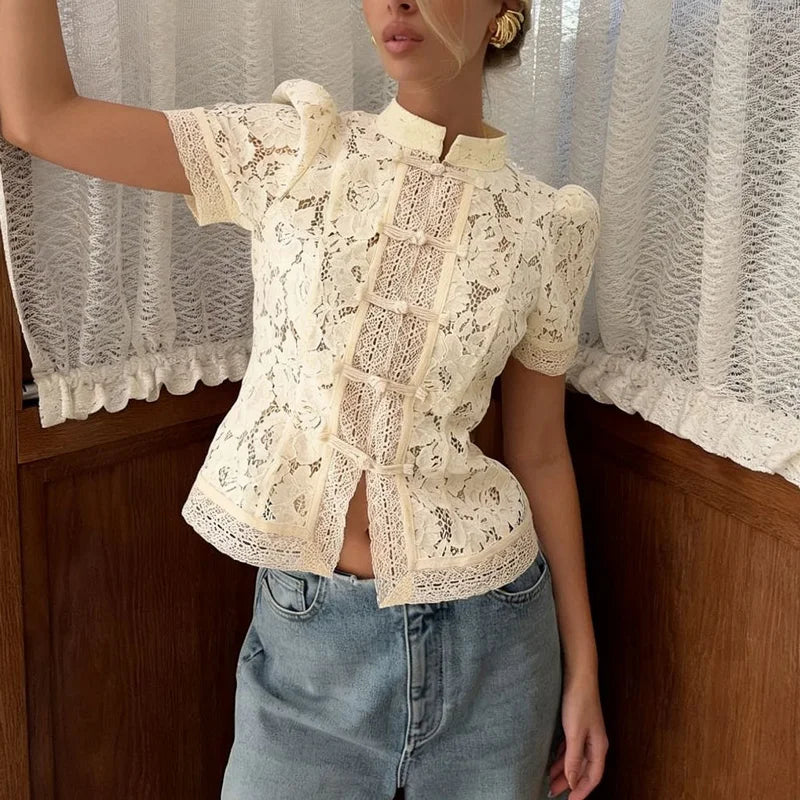 Tossy Summer Lace Printed Shirts Tops Female Hollow Out Fashion Commute Vintage See-Through Blouse Women's Lace Shrug Shirts New