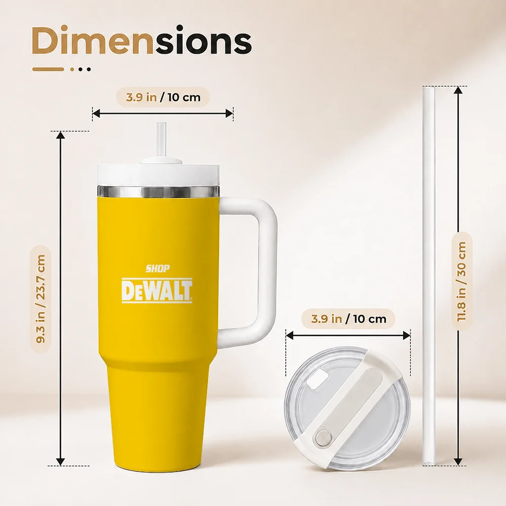 Tool Brand DeWalt Banner Vacuum Flasks 40oz Insulated Tumbler with Handle, Straw and Lid, Stainless Steel Travel Cup