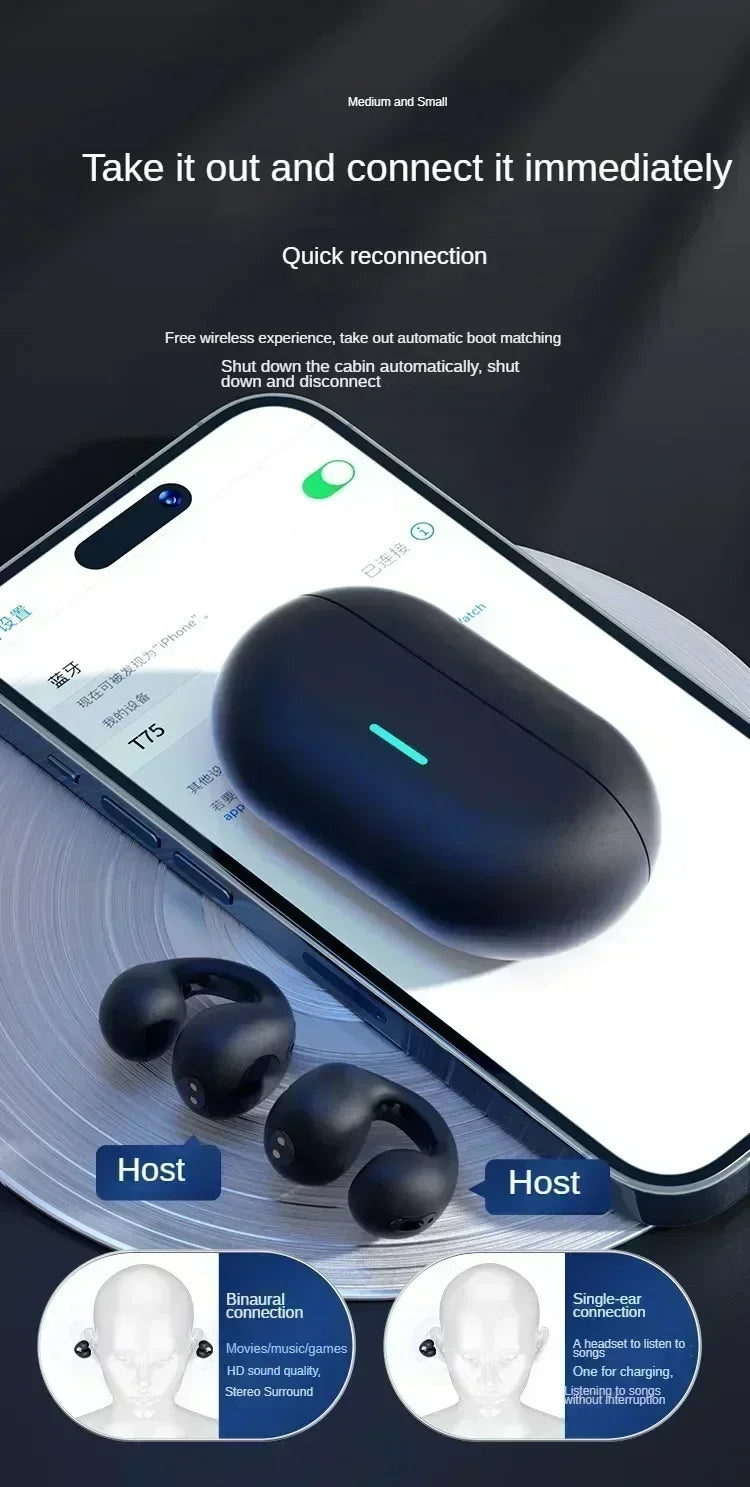 Wireless Ear Clip On Earphone Bluetooth-Compatible 5.3 Noise Canceling HiFi Stereo Headset Clip On Headphone for Running Fitness