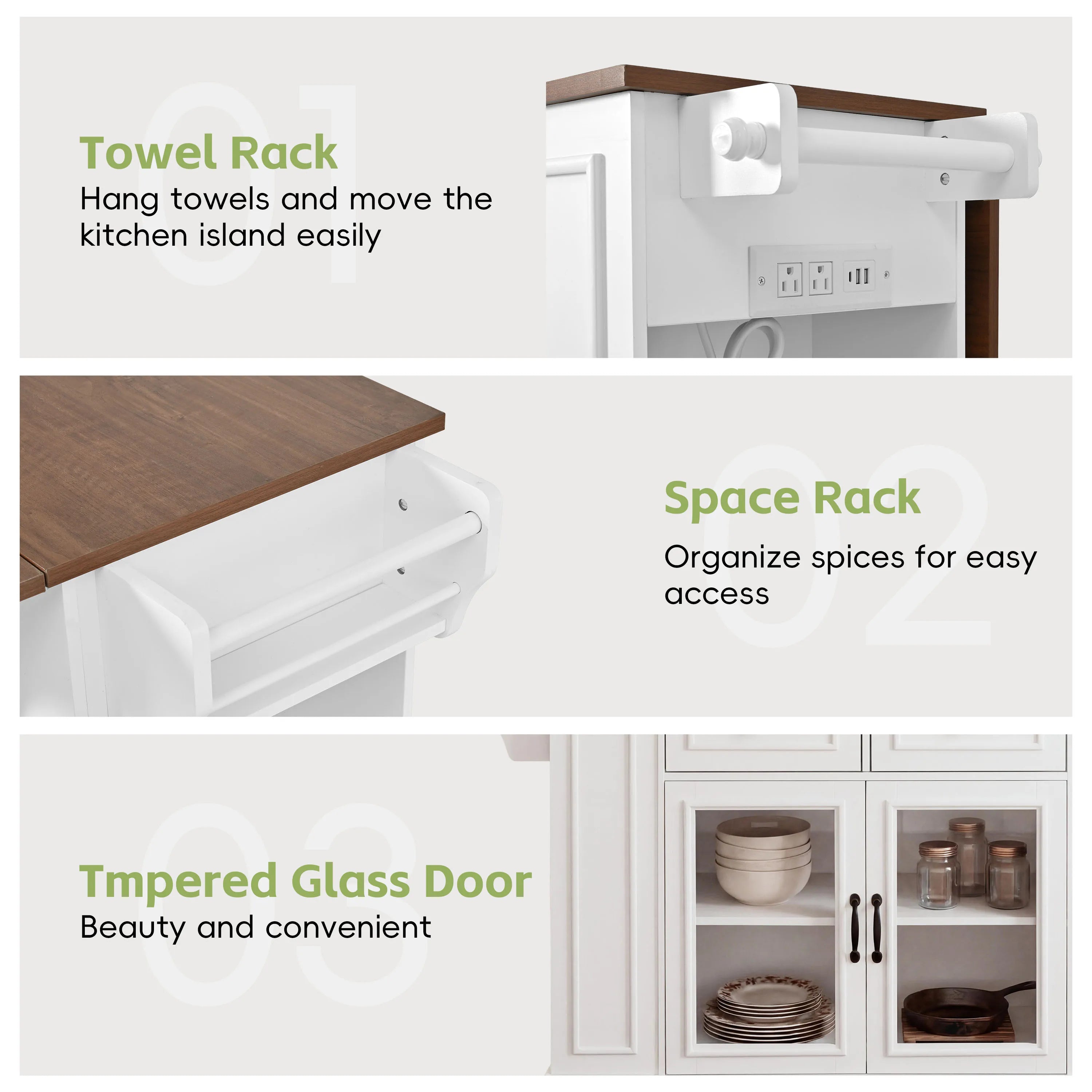 54" Wood Mobile Kitchen Island Cart Glass Doors Power Outlet Open Shelves Rolling Base Towel Spice Racks Eco-Friendly Durable