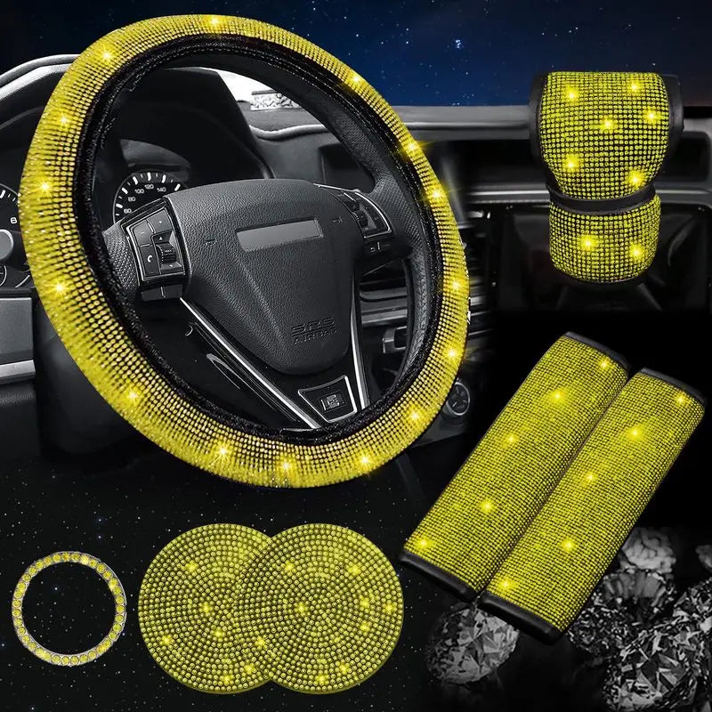 38cm Bling Car Accessories Set For Women Rhinestones Steering Wheel Cover Safety Belt Covers Gear Shift Cover Diamond Cup Pads