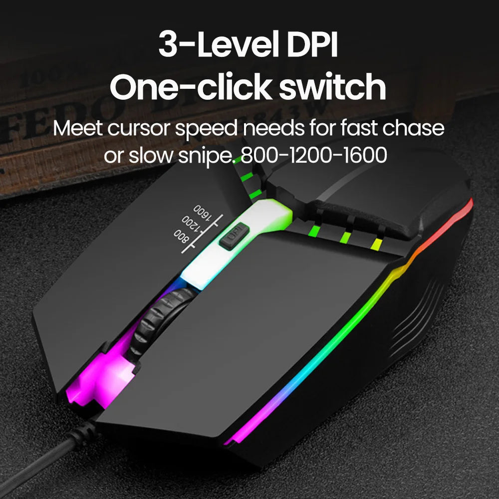 Mouse Gamer USB con LED RGB - Silencioso 1600DPI