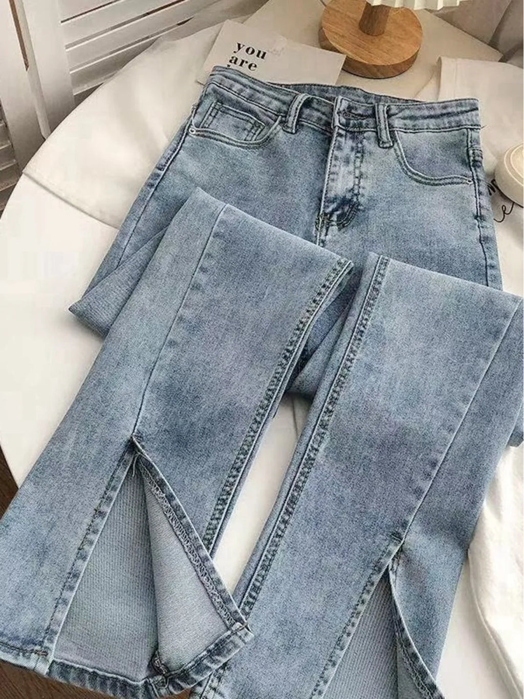 Women's High Waist Wide Leg Jeans Asymmetric Split Hem Vintage Washed Denim Pants Loose Fit