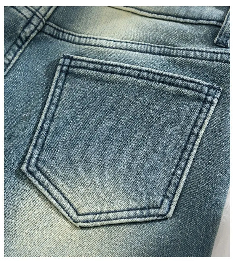 Autumn Winter Thickened Fleece-Lined Vintage Straight-Leg Jeans Women's Slimming Hip-Hiding Elastic Micro-Flared Cotton Trousers