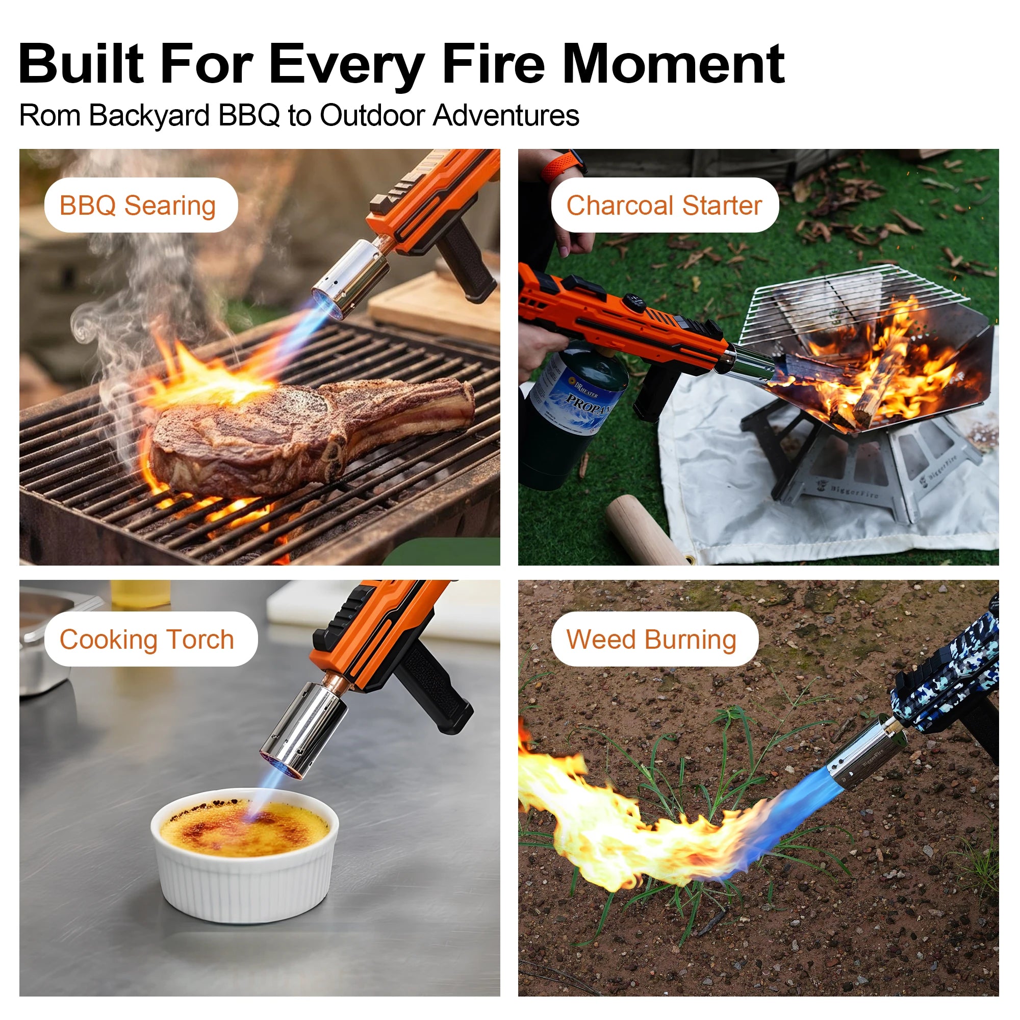 Propane Burner Gun with Adjustable Flame, Portable Torch Head for BBQ, Grill, Sous Vide, Campfire & Charcoal Lighting