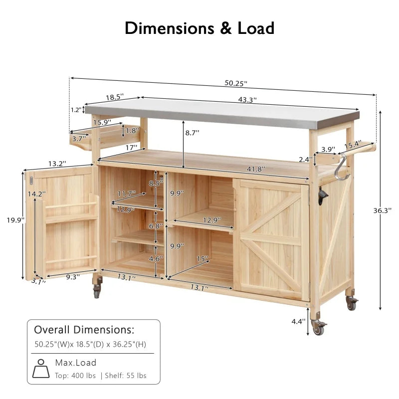 US Stock Farmhouse Rolling Kitchen Island Cart With Stainless Steel Countertop Wooden Storage Cabinet With Lockable Wheels