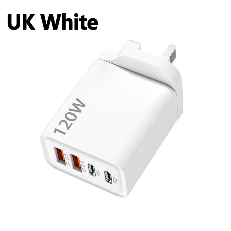 Cargador 4 Puertos 120W USB-C | Carga Rápida QC3.0 - iPhone, Samsung y Xiaomi